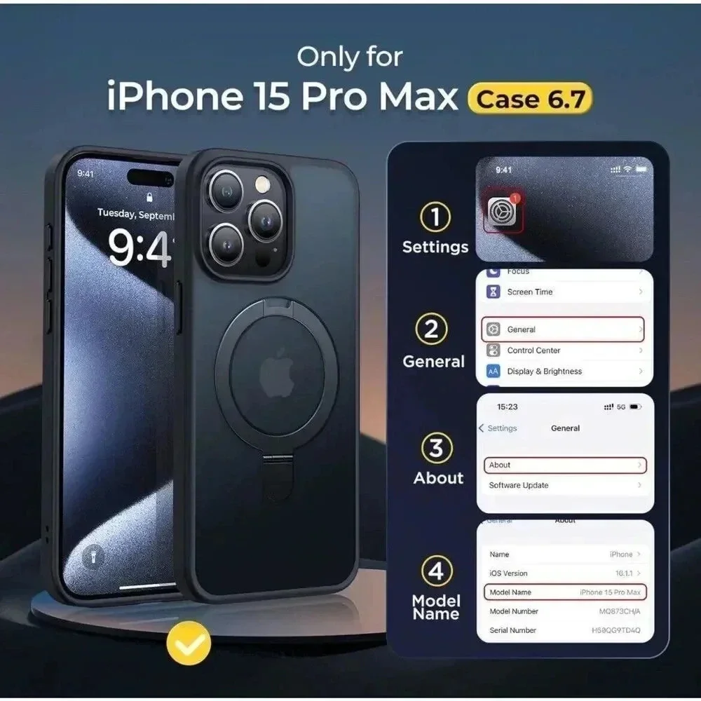 Humixx‎ Translucent Black Case For iPhone 15 Pro Max 6.7” Kickstand Mag-Guard